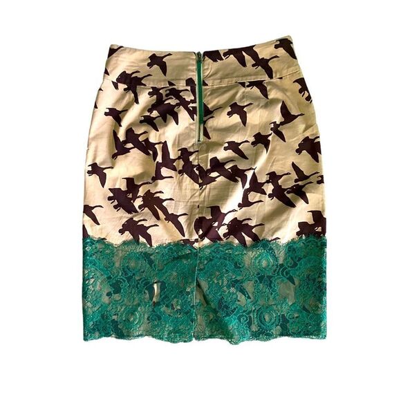 Leifsdottir for Anthropologie Bird Print Pencil Skirt Tan & Teal Lace Size 2 - Picture 4 of 5